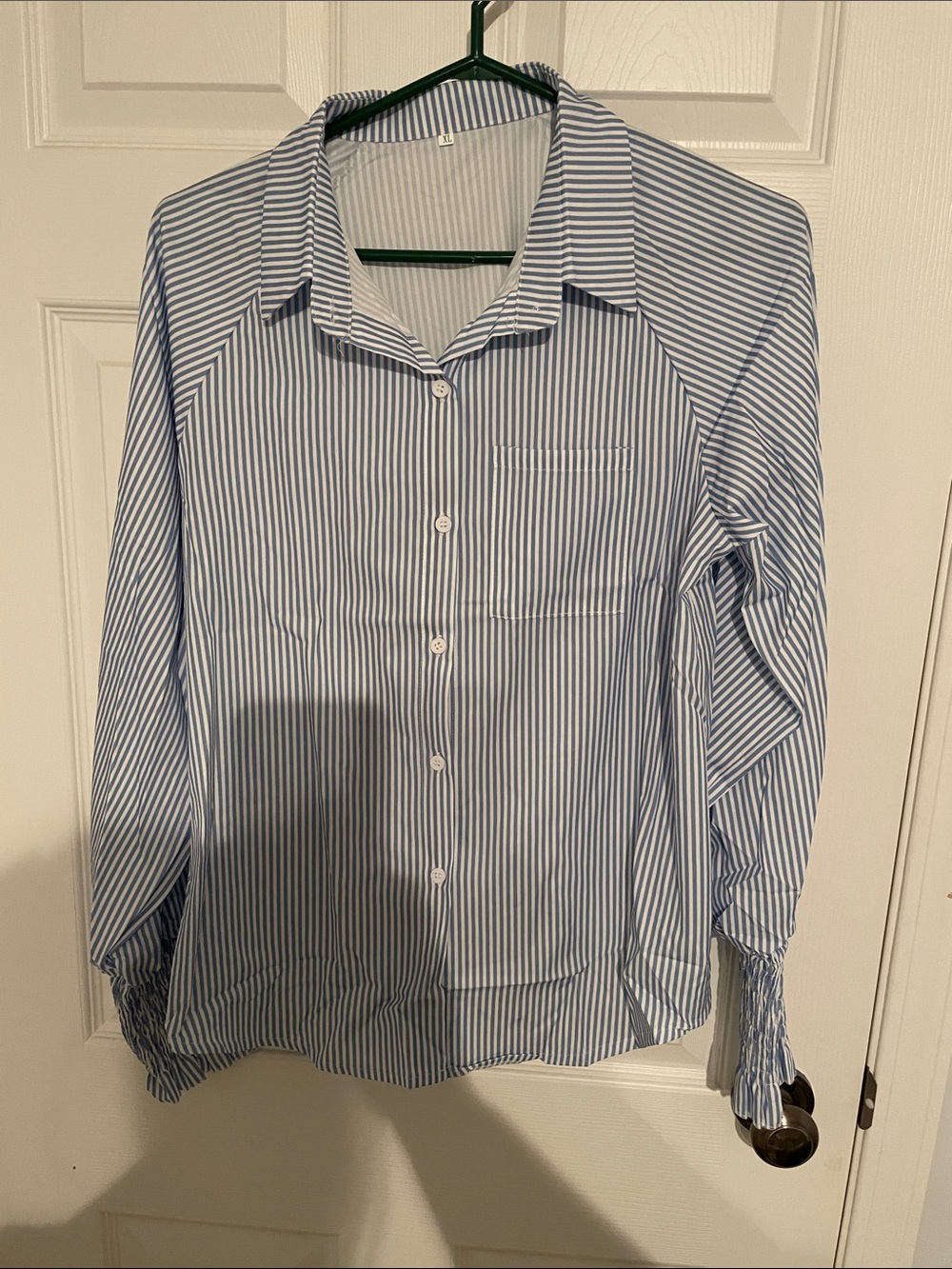 Amazon Women’s Blue and White Striped Button Down Shirt